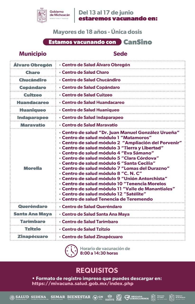 SALUD | Del 13 al 17 de junio, 14 centros de salud de Morelia vacunarán a  rezagados mayores de 18 años