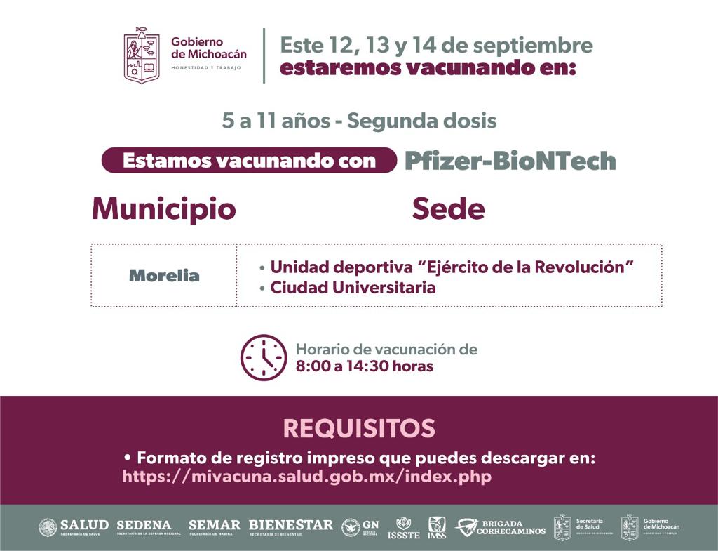 SALUD | Arranca aplicación de segundas dosis de 5 a 11 en Morelia y Uruapan